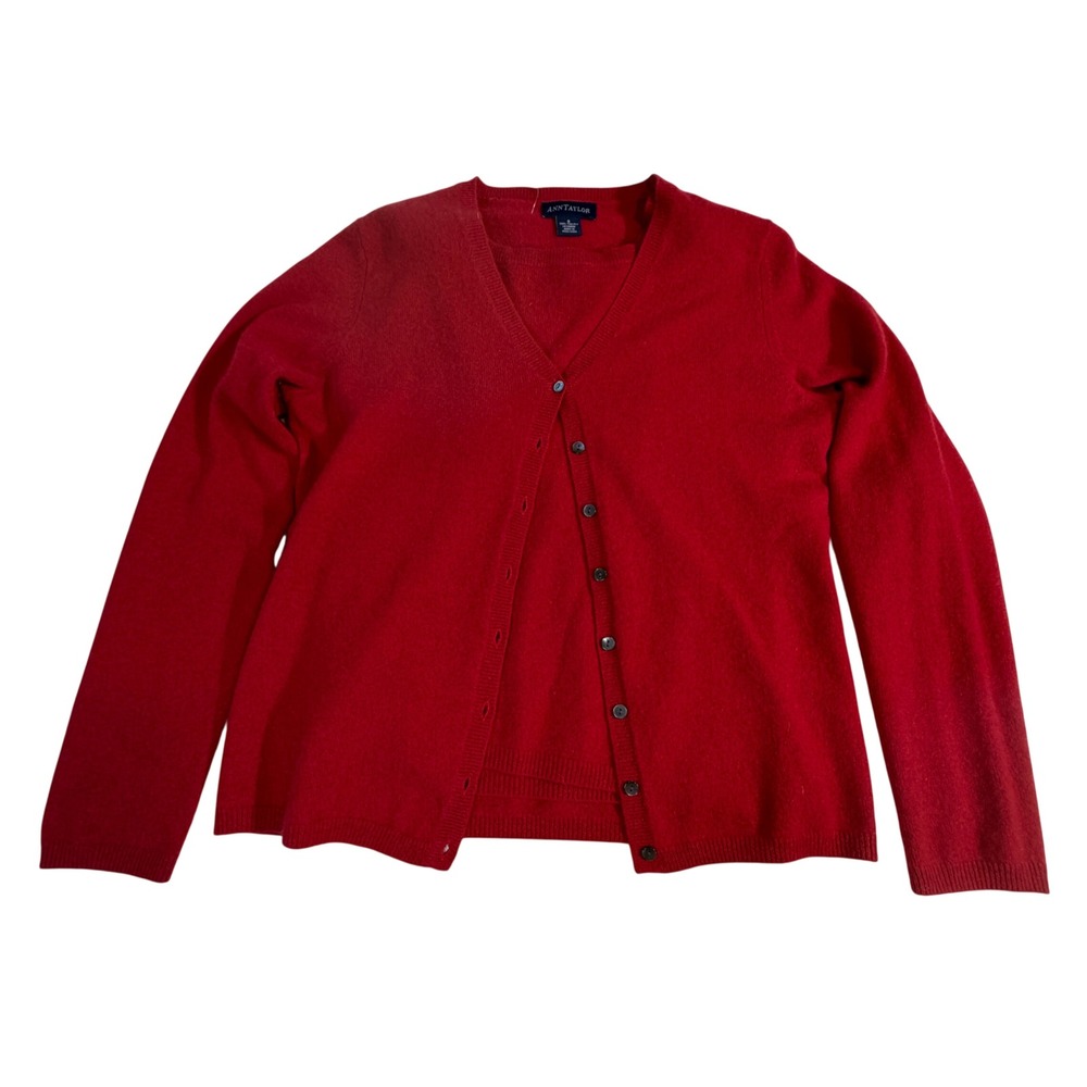 Ann Taylor Cashmere Twin Set Size S Red V Neck Cardigan Shell 54191